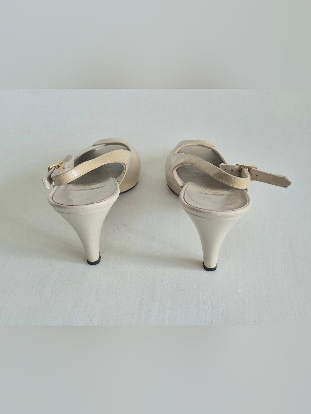 Salvatore Ferragamo Two-Tone Beige & Cream Peep-Toe Slingback Heels - Picture 9 of 12